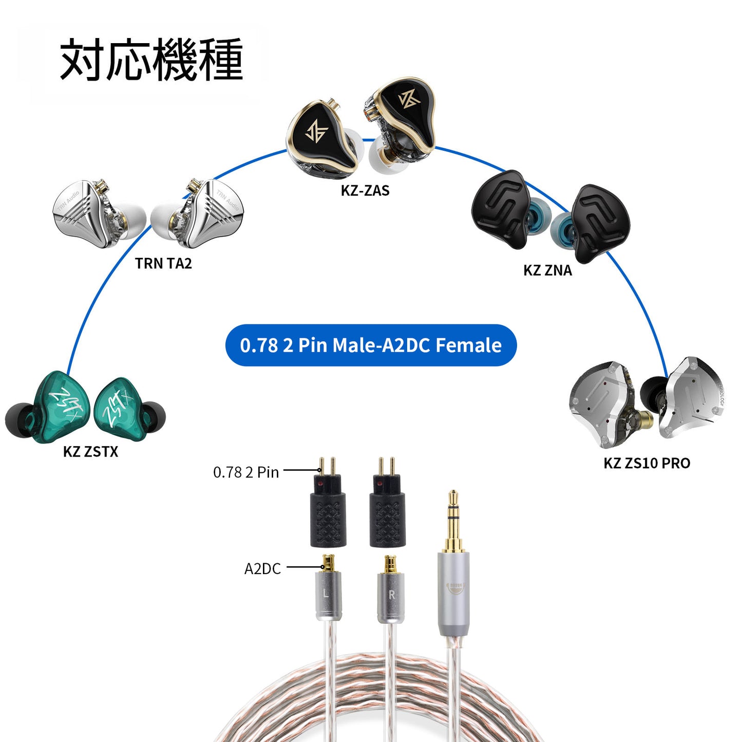 Cooyin 0.78 2PIN(イヤホン側)to A2DC(リケーブル側) アダプター コネクター 音質劣化なし簡潔 精緻 線材テスト作業用 ミニタイプ SHUOER CONDUCTOR SINGER BA10 AS10 ZS10..に対応