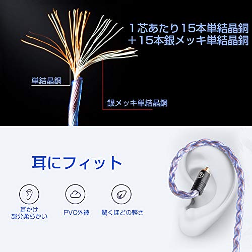 cooyin mmcx/a2dc/0.78mm 8芯単結晶銅+銀メッキ銅リケーブル