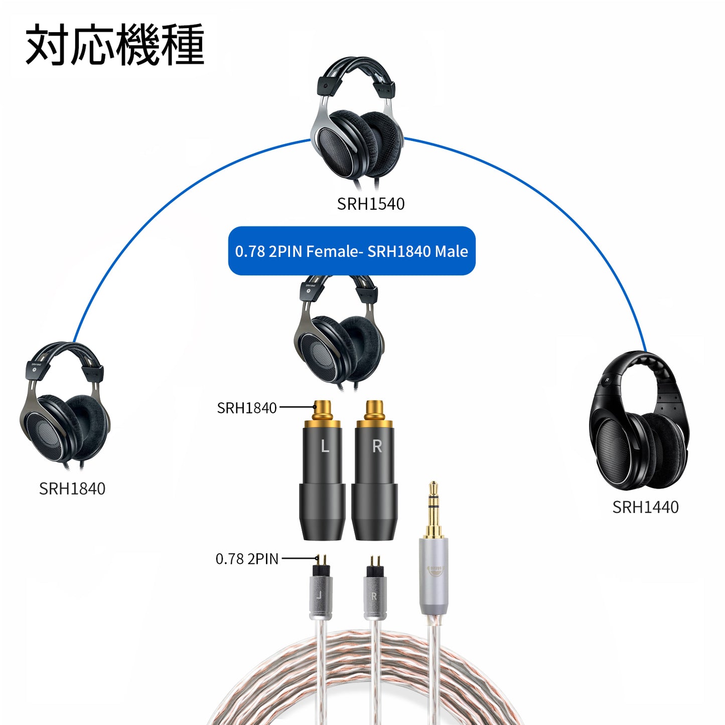 cooyin 0.78 2pin(リケーブル側) to SRH1840(イヤホン側) アダプター コネクター スライダー 金メッキプラグ 統合成形技術 音質劣化なし簡潔 精緻 線材テスト作業用 ミニタイプ SHURE SRH1440 SRH1840 SRH1540に対応