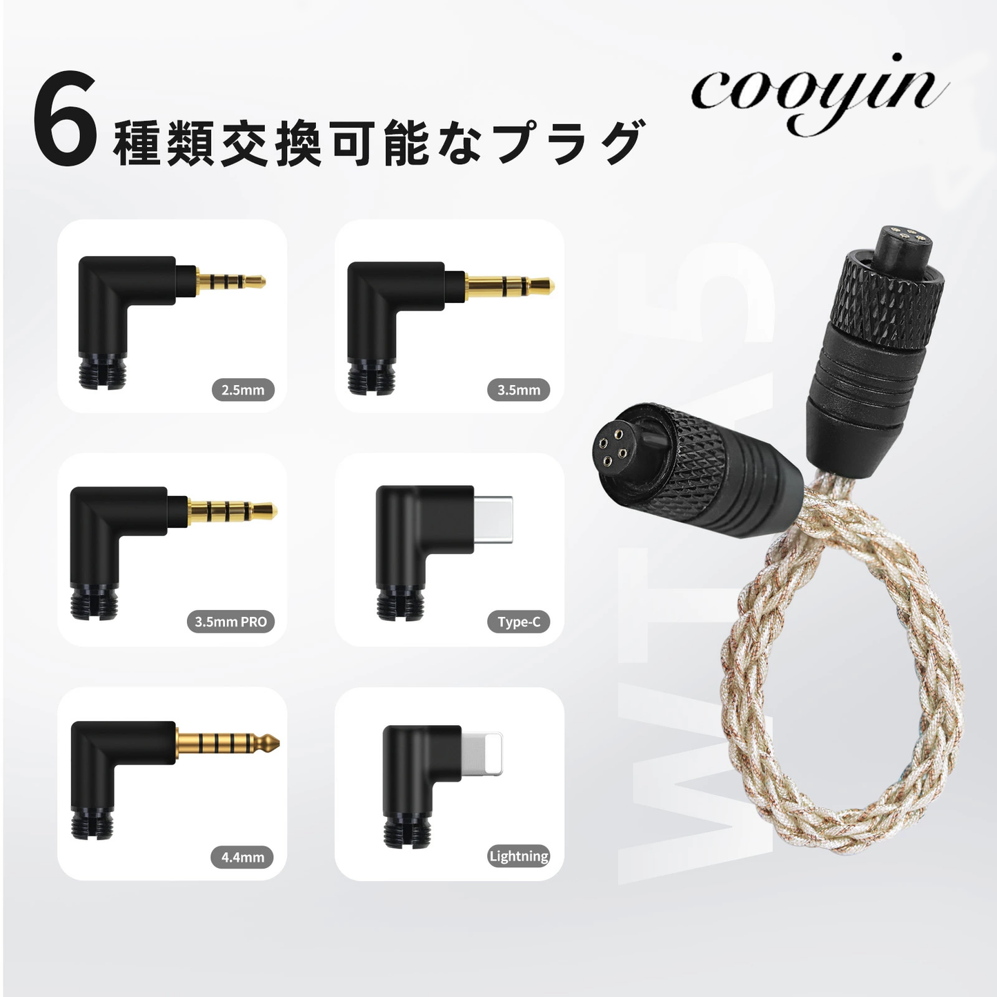 cooyin WTA5 AUX ケーブル オーディオ 2.5mm/3.5mm/4.4mm/Lightning/Type-C 交換用プラグ 5芯銀メッキ線+2芯銅メッキ線 6種類対応 ハイレゾ対応 高音質 7芯ハンドメイド 24K金メッキ 耐久性 高互換性