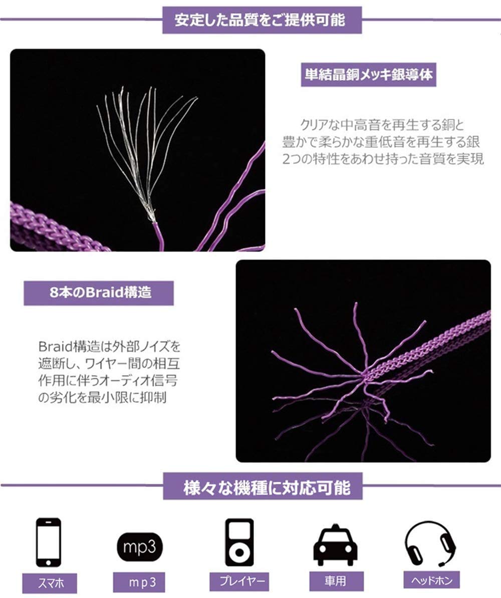 cooyin オーディオケーブル 短い 銀メッキ単結晶銅 8芯 ポータブル